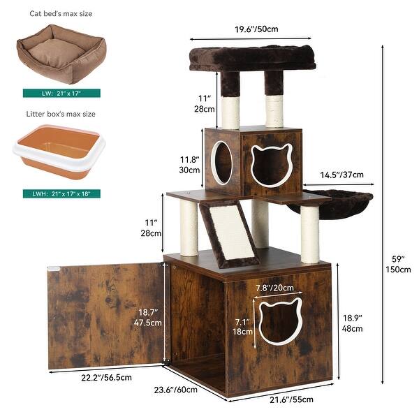 Moasis 59" Cat Condo with Litter Box Enclosure, Cat Bed, Cat House, Cat